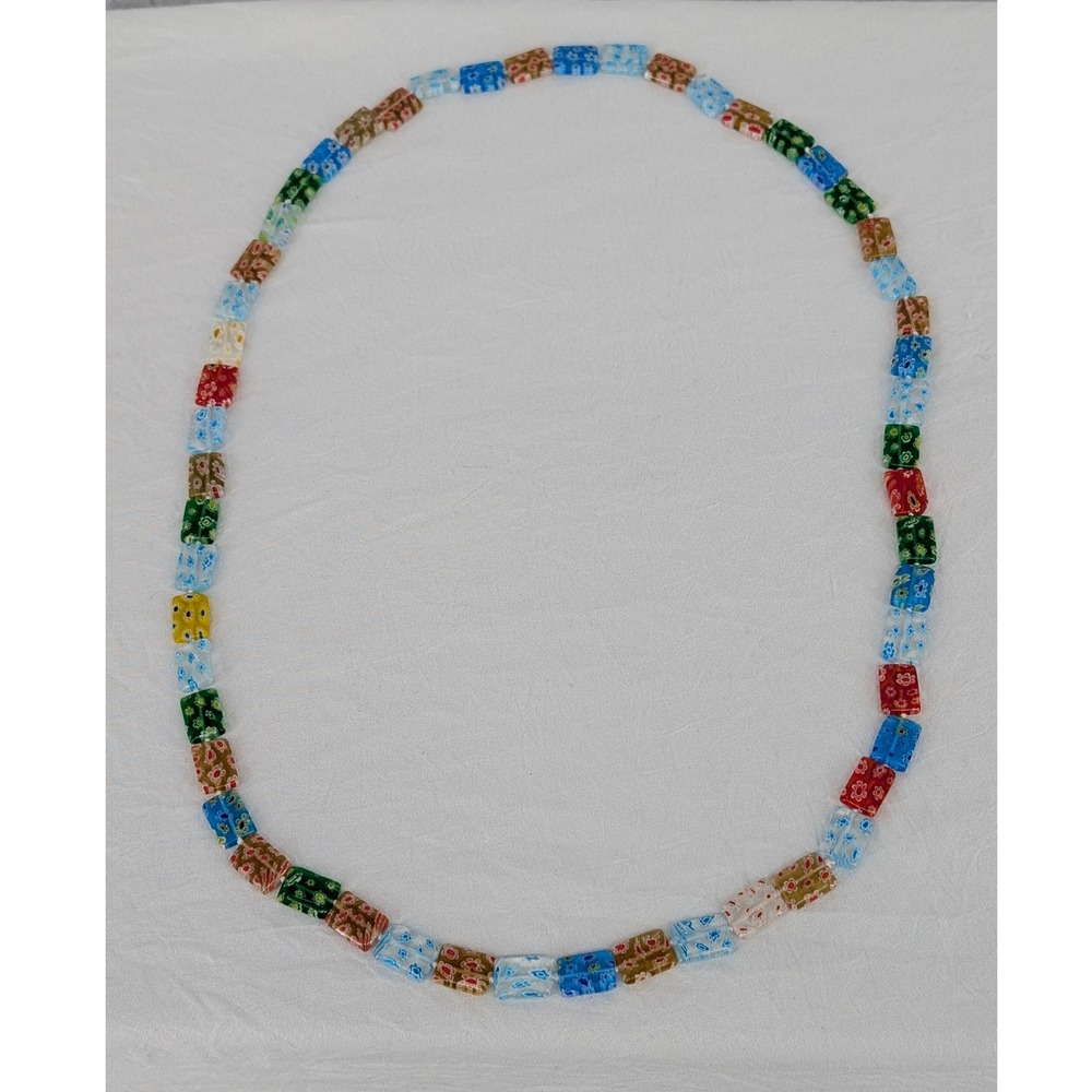 Millefiori Glass‎ Bead Necklace Multicolor Floral Rectangular 31"